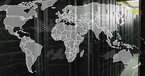 World map with network connections image over server room background Stock Photos
