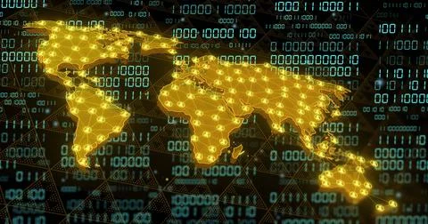 World map with network connections over binary code image Stock Photos