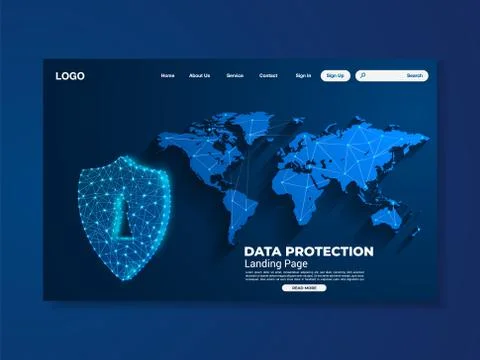 World map network data protection technology landing page, blue interface, ve Stock Illustration