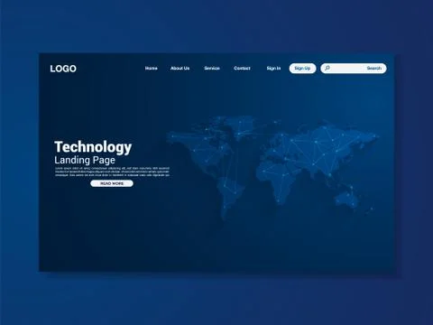 World map network technology landing page with world map, interface, vector Stock Illustration