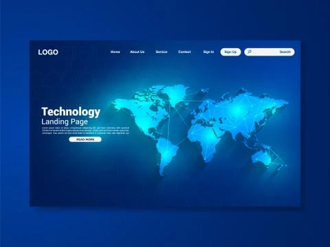 World map network technology landing page with world map, interface, vector Stock Illustration