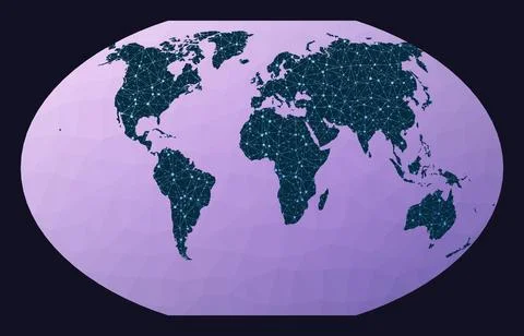 World map with nodes. Winkel tripel projection. World network map. Wired gl.. Illustrazione stock