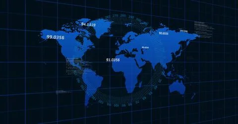 World map with numerical data and grid lines, global statistics image Illustrazione stock