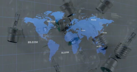 World map with numerical data animation over rotating mechanical parts Stock Footage 303740170