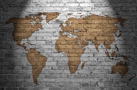 World map on old brick wall Stock Photos