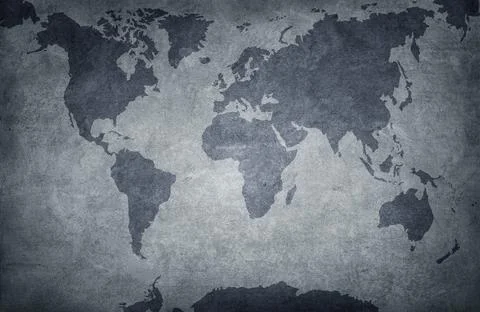 World map on old grunge gray blue background Illustrazione stock