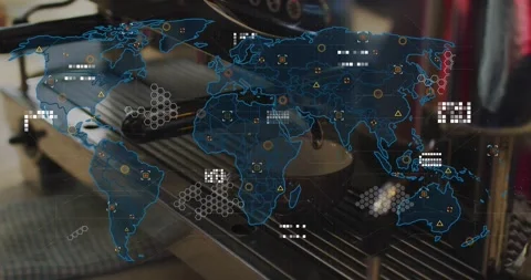 World map outline appearing starting portafilter pouring into cup while data 스톡 동영상 327715020