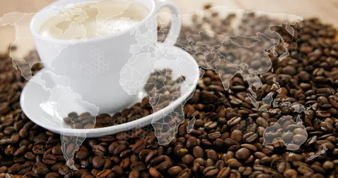 World map outlines expanding over beans pulling back revealing coffee cup Stock Footage 316191745