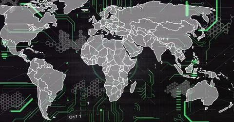 World map outlines glowing on grid background, with neon-green circuit traces Stock Illustration