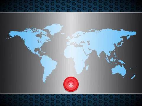 World map over metallic silver plate with scary red button Ilustração Stock