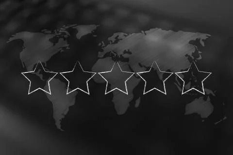 World map over unfocuse keyboard background with five star rating on top, Ilustração Stock