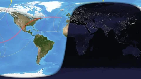 World map with overlaid lines highlighting the path of a solar eclipse. Stock Footage 304103879