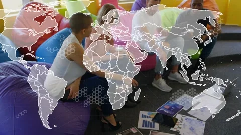 World map overlay animating, framing fou... | Stock Video | Pond5