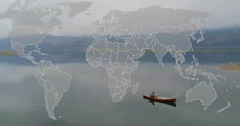 World map overlay animation over person rowing boat on calm lake Stockbeeldmateriaal 328712786