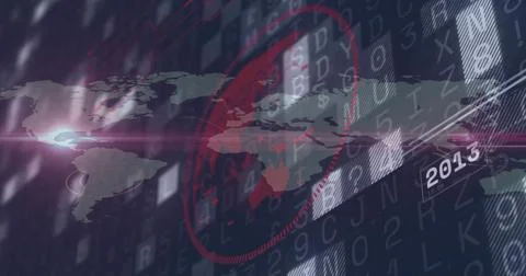 World map overlay highlighting on screen with code digits, red target ring, 写真素材