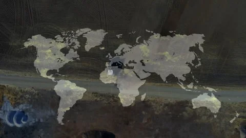 World map overlay projecting and filling gold while dark figure shifting along Stock Footage 329454668