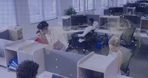 World map overlay pulsing data code driving worker sorting and handing docs for Stock Footage 317660071