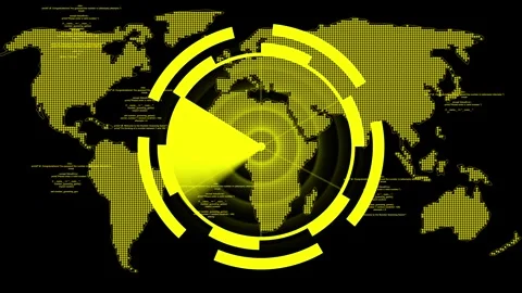 World Map Overlayed with Yellow Code and Circular Digital Interface global .. Stock Footage 332061836