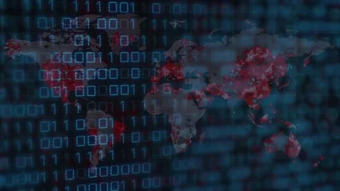 World map overlaying binary code, red hotspot appearing in Asia and spreading Stock Footage 319573879