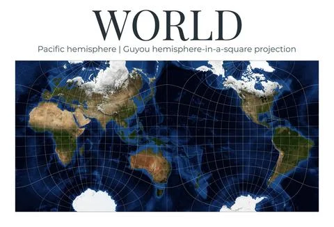 World Map. Pacific Hemisphere in Guyou projection. Detailed physical map, s.. Ilustração Stock