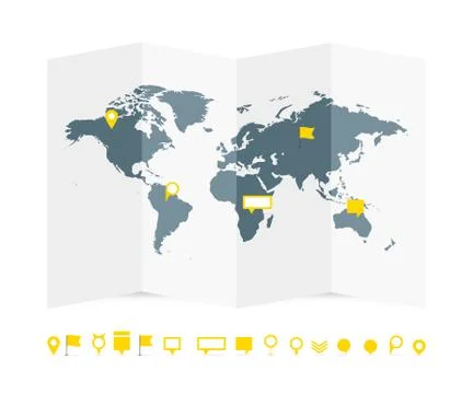 World map paper guide with pins set vector illustration 스톡 일러스트