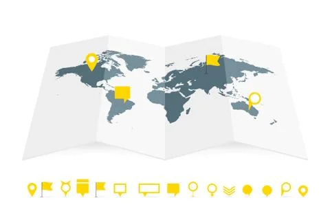 World map paper guide with pins set vector illustration 库存插图