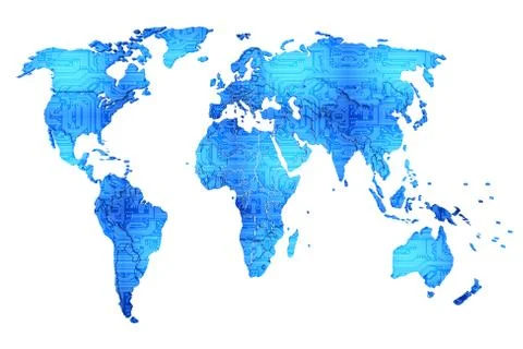 World map with pcb texture in blue tone. 3d illustration Ilustração Stock