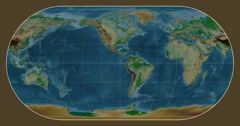 World map. Physical. Eckert III projection. Meridian: -90 west Stock Illustration