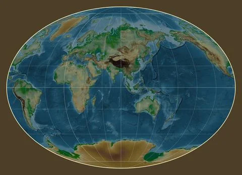 World map. Physical. Fahey projection. Meridian: 90 east Ilustração Stock