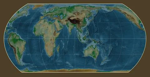 World map. Physical. Hatano Asymmetrical Equal Area projection. Meridian: 9.. Stock Illustration
