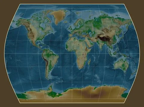 World map. Physical. Times projection. Meridian: 0 Stock Illustration