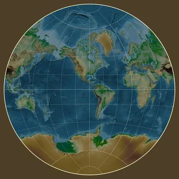 World map. Physical. van der Grinten I projection. Meridian: -90 west Illustrazione stock