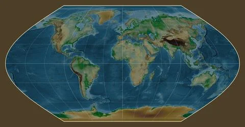 World map. Physical. Winkel I projection. Meridian: 0 Stock Illustration