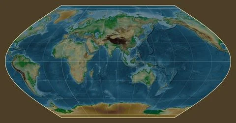 World map. Physical. Winkel I projection. Meridian: 90 east Stock Illustration