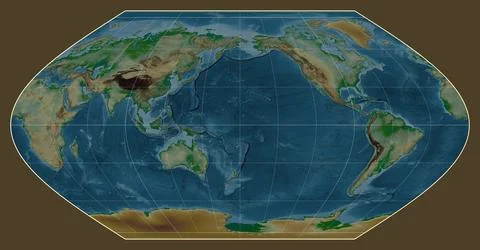 World map. Physical. Winkel I projection. Meridian: 180 Stock Illustration
