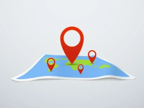 World map with pin. Earth map with location pointers in perspective. Travel 3d Stock Illustration