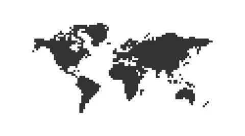 World map in pixel art style. Globe flat icon. Vector isolated black Stock Illustration