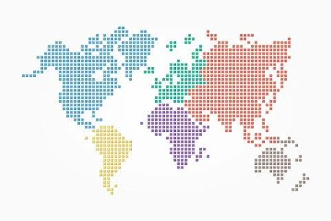 World map ( pixel style and flat color design ) ( different color of continen Stock Illustration