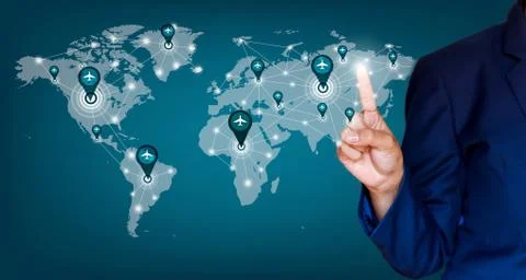 World map plane logistic in network World map a plane transportation White an Stock Photos