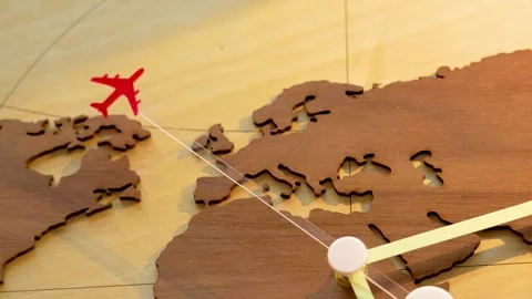 World map plane time zone, second hand, hours flight across continents. Concept Stock Footage 273069860