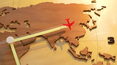 World map plane time zone, second hand, hours flight across continents. Concept Stock Footage 274213454