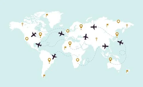 World map plane tracks. Aviation track path on world map, airplane route li.. Stock Illustration
