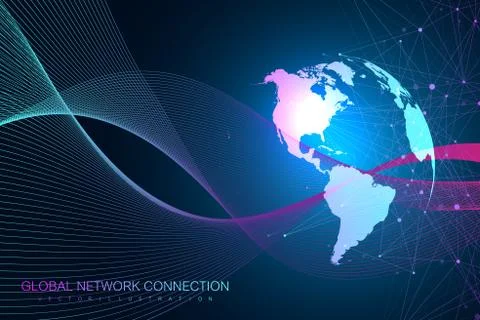 World map point with global technology networking concept. Digital data Illustrazione stock