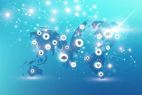 World map point with global technology networking concept. Digital data Illustrazione stock
