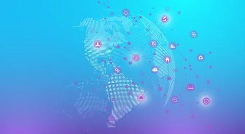 World map point with global technology networking concept. Digital data Illustrazione stock