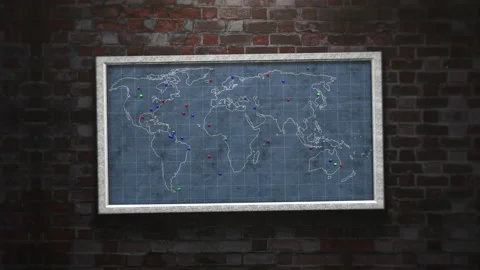 World map with point of visit on brick wall Stock Footage 217418215