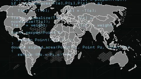 World map with programming code animation over continents and hexagonal patterns Stock Footage 303792974