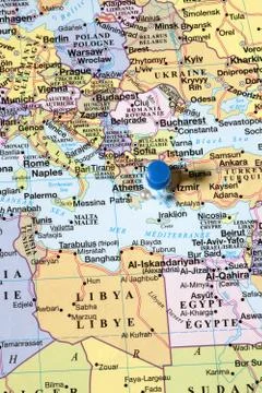 World map with push pin on it Stock Photos