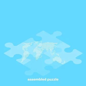 World map on puzzle pieces on a blue background, isometric image Illustrazione stock