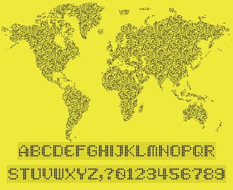 World map of QR code, led uppercase English alphabet, number, vector illustra Stock Illustration